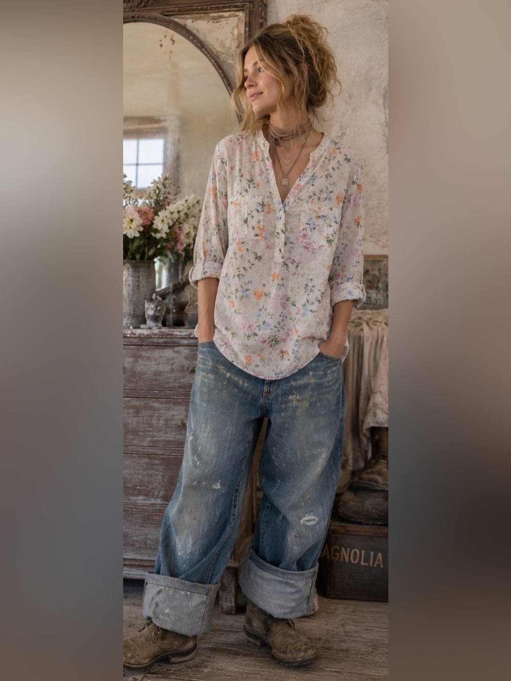 Eden & Olivia 🌸  Floral Cotton Tunic Blouse XL Cottagecore Coastal Resortwear